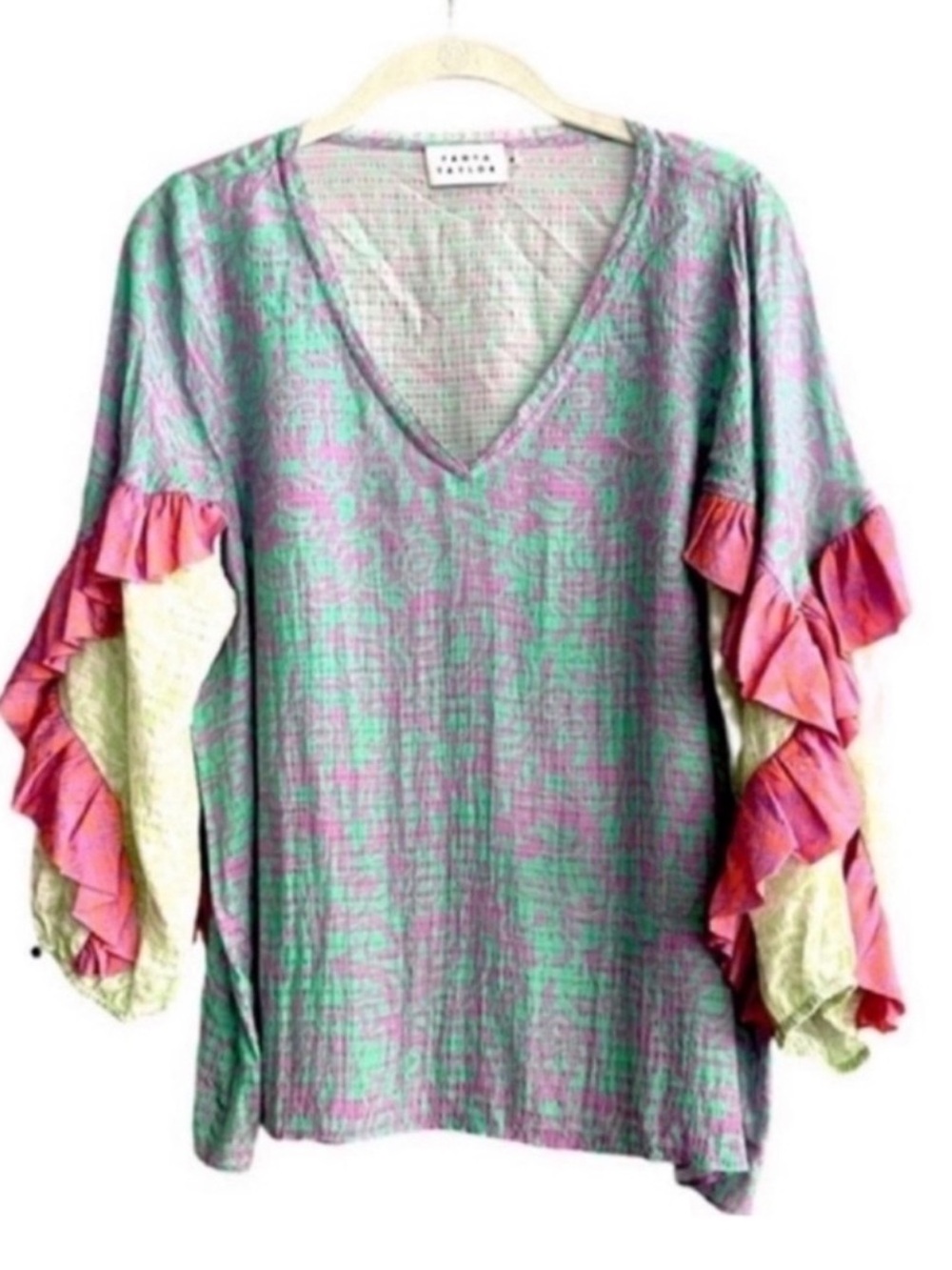 Tanya Taylor V-neck Blouse Silk Blend Ruffle Sleeve Green Pink Yellow Size M